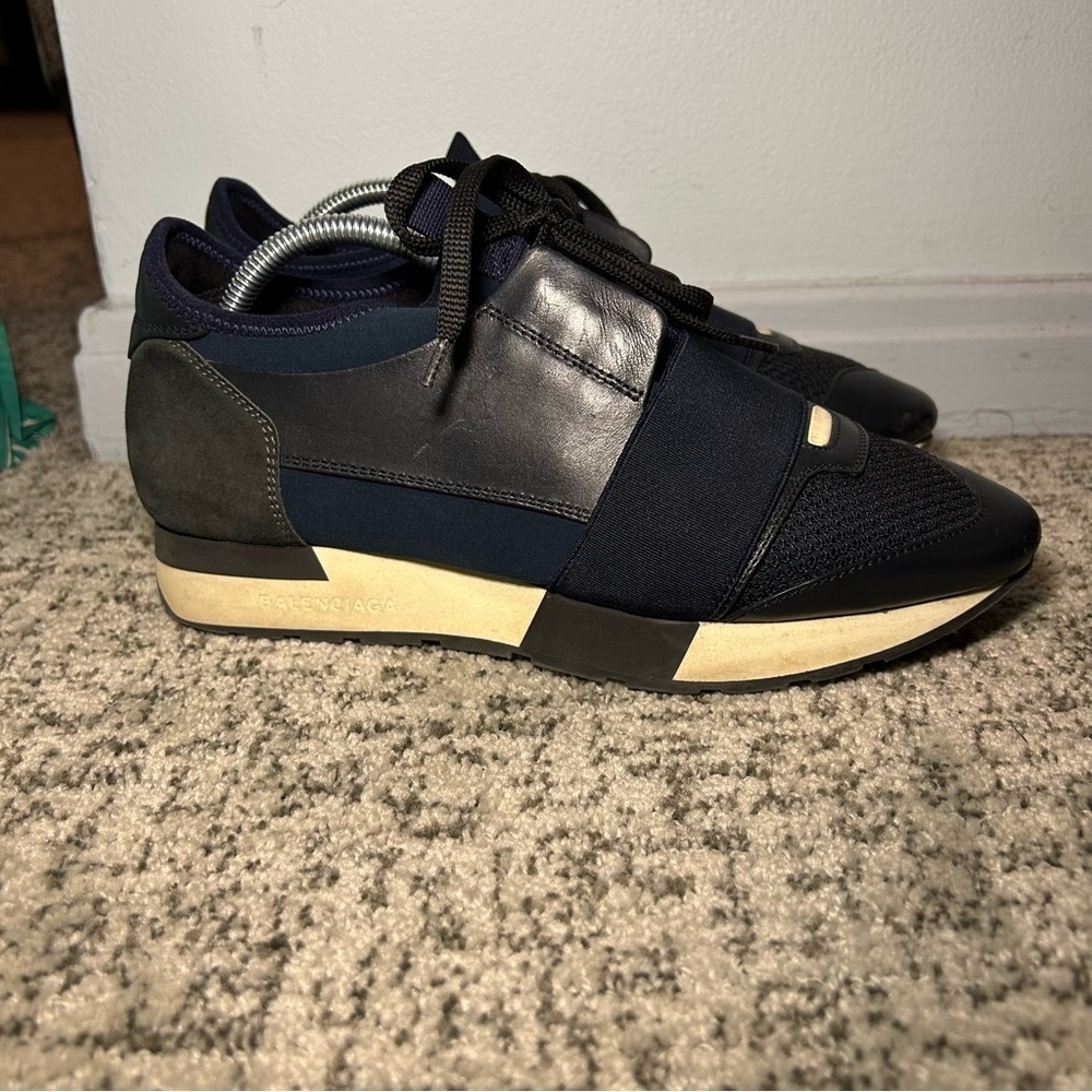 Balenciaga Leather & Mesh Blue Night Race Runner Lace-Up Sneakers Size 38